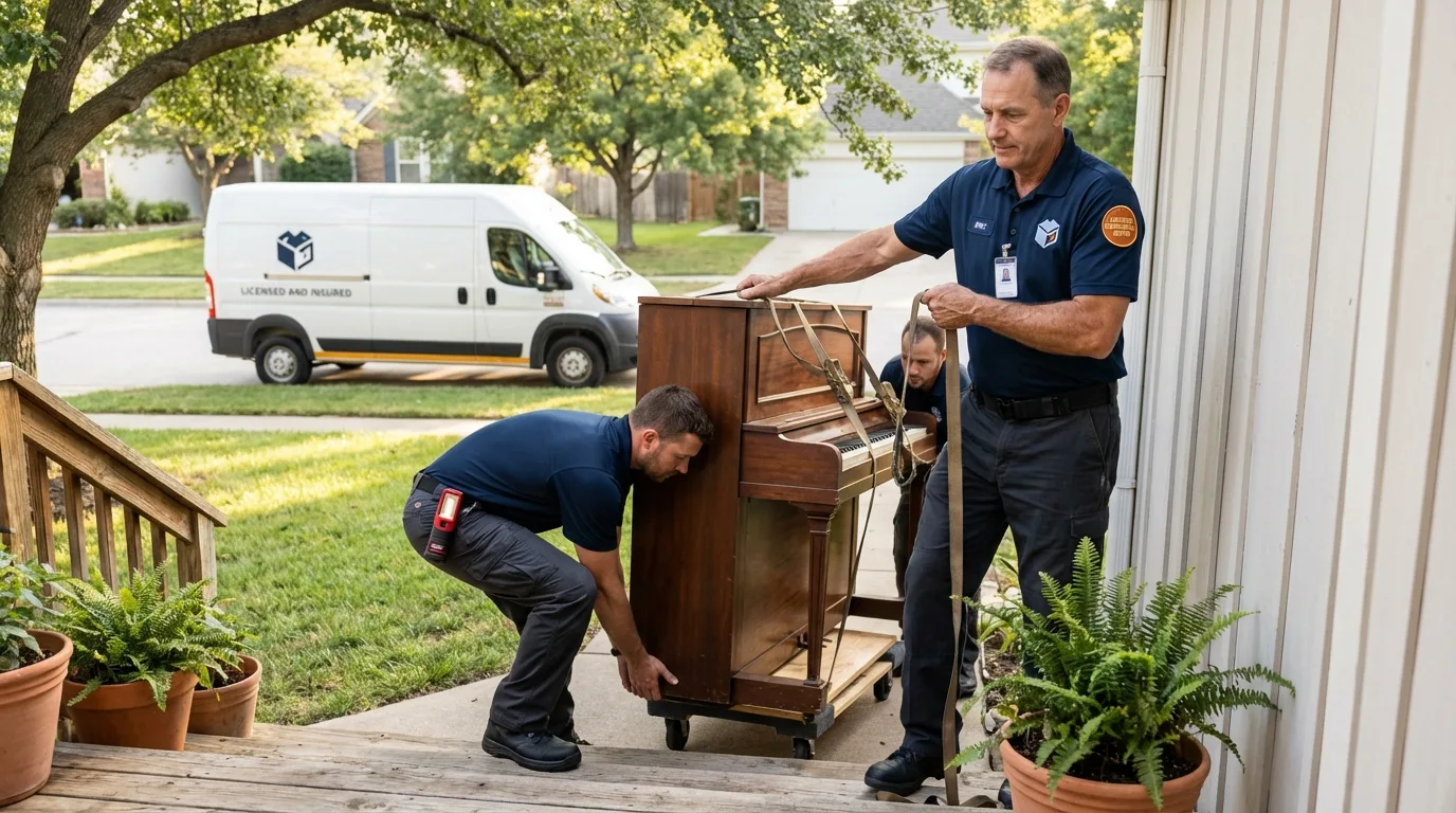 Licensed piano movers securing grand piano in Fajardo, PR